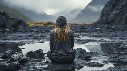 a grieving sad young woman crouches on a mountain amidst clouds
