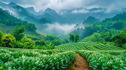 Gorgeous Mountains with flowers, lush greenery, gardens, and terraced land. An amazing landscape picture for wallpaper, posters, print, wall art, and more. You only get unique from me.
