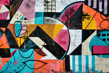 Colorful old cracket urban wall background with graffiti. Creative city street art background on old brick wall. Abstract geometric graffiti composition in bold solid colors