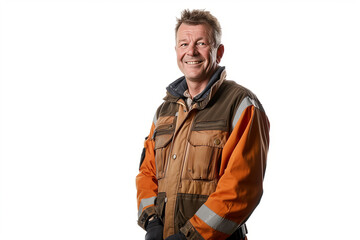 A professional photo of a smiling man in workwear with many pockets, standing proudly against a white background. The studio light ensures a clear and well-lit image, showcasing hi