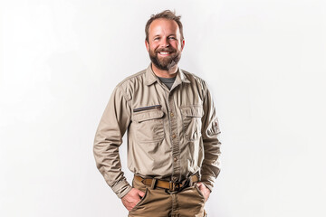 Obraz premium A full body portrait of a smiling man in workwear with numerous pockets, captured against a white background. The professional photography setup and studio lighting emphasize the f