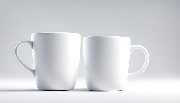 zwei Kaffee Tassen wei&szlig; leer blank nebeneinander stehend auf hellen Hintergrund als Vorlage Mockup Becher f&uuml;r eigene Logo Design Gestaltung 