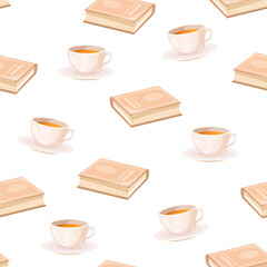 Reading time vector seamless pattern with books and cup of tea.
