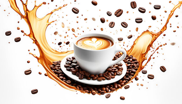 Kaffee Cafe Tasse wei&szlig; mit fl&uuml;ssiger Welle aus frischen hei&szlig;en Kaffee und Kaffeebohnen Bohnen dynamisch belebend umsp&uuml;lt Spritzer und Tropfen Vorlage Hintergrund f&uuml;r Bistro Restaurant Fr&uuml;hst&uuml;ck Aroma 