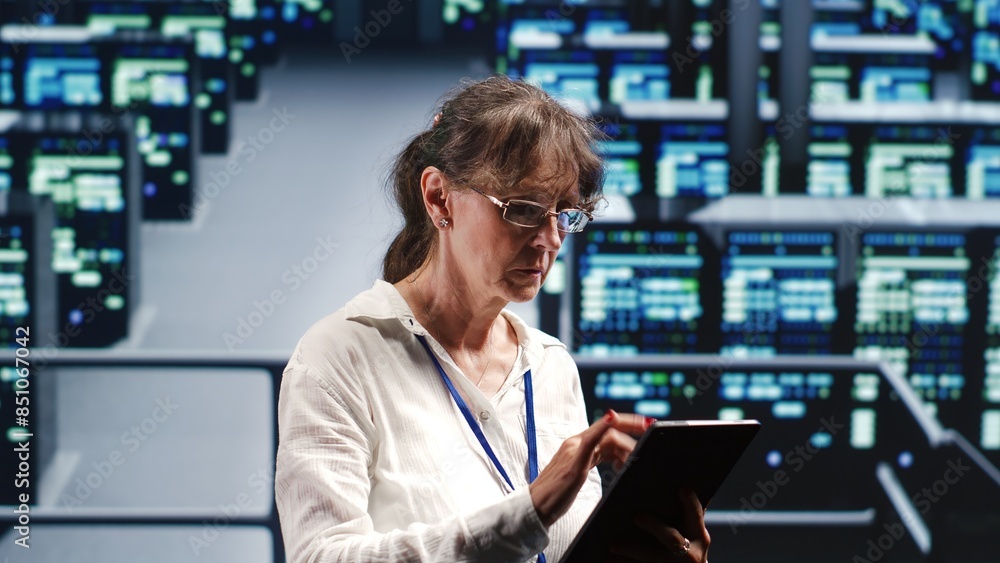 Poster experienced manager in high tech workplace equipped to handle modern computing requirements, doing r