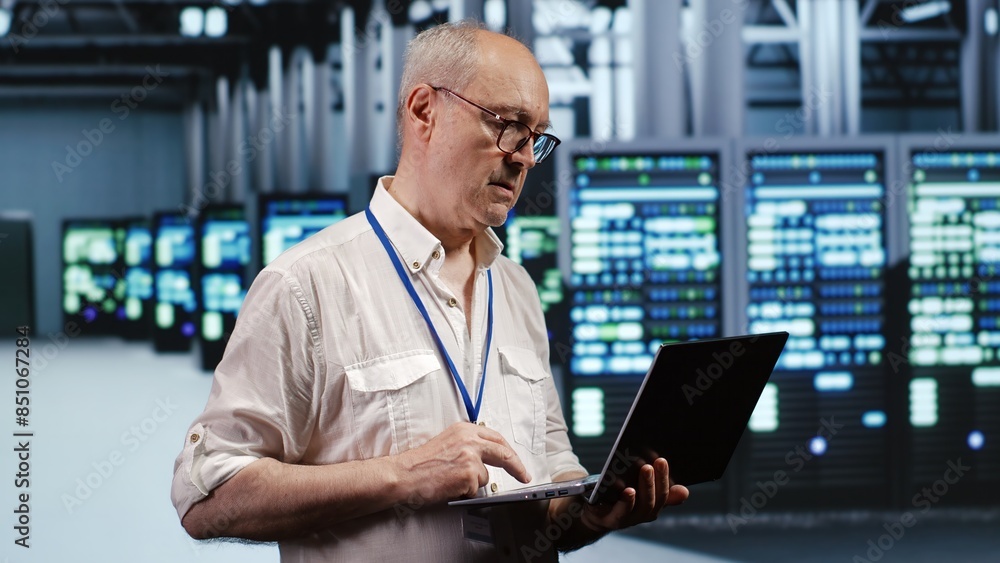 Poster focused it support executive in data storage company equipped to handle complex computational operat