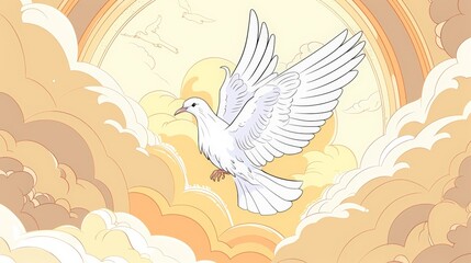 A white dove in flight against a backdrop of golden clouds and sunrays