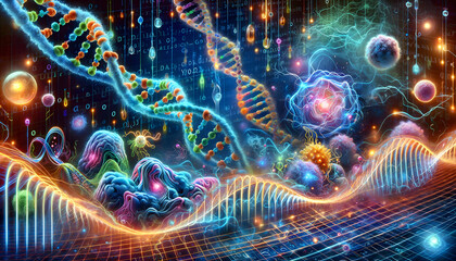 Futuristic Digital Artwork of DNA and Molecular Structures in Neon Colors