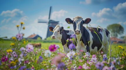 Traditional windmill with cow and countryside landscape scene