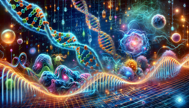 Futuristic Digital Artwork of DNA and Molecular Structures in Neon Colors