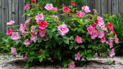 Fototapeta premium Hamabo Rose of Sharon decorative shrub with pink and red flowers