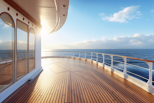 Sunlit cruise ship deck with ocean view