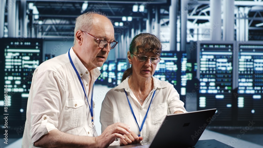 Poster qualified developers looking around high tech data center, using laptop to crosscheck disaster recov