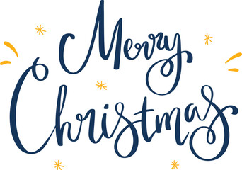 Elegant Merry Christmas handwritten dark blue cursive font surrounded yellow decorative elements isolated white background. Perfect holiday greeting cards, banners, festive invitations. Calligraphy