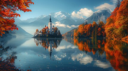 Obraz premium Picturesque Autumn View of Sunken Church Tower on Mountain Lake with Fall Foliage