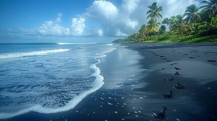 Scenic View of Punaluu Black Sand Beach on Big Island, Hawaii with Footprints and Palm Trees