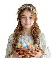 Happy Easter. Portrait of a pretty kid with a basket of eastern eggs standing on isolated transparent background