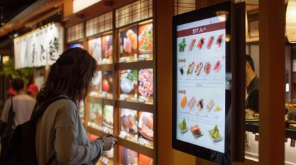 A woman stands in front of a digital menu board showcasing sushi dishes in a Japanese restaurant.