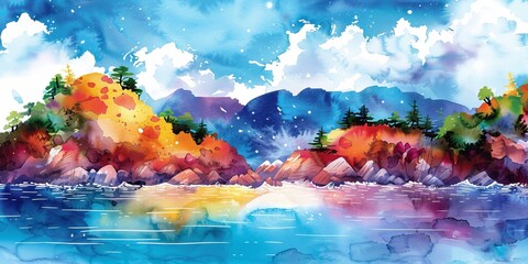 Stunning Watercolor Landscape Painting Featuring Vibrant Autumnal Hills and Serene Lake with Majestic Mountain in Background