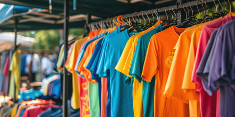 Fototapeta premium Freshers fair with colorful t-shirts and clothes outdoors