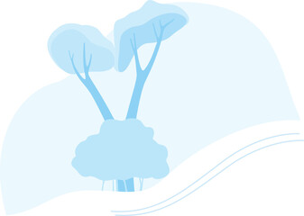Abstract winter landscape. Snowy blue trees. Gentle hilly horizon. Winter scene background. Soft blue hues. Tranquil snowy terrain. Simplistic artwork. Minimalist design. Cold periwinkle forest