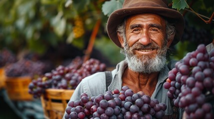 Obraz premium Successful Male Owner of Vineyard Gathering Harvest with Joyful Smile Surrounded by Ripe Grapes