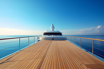 Wooden deck of a white yacht at sea on a sunny day