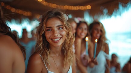 Fototapeta premium Group Of Happy People Celebrating at a Beach Party with Smiling Woman in Focus