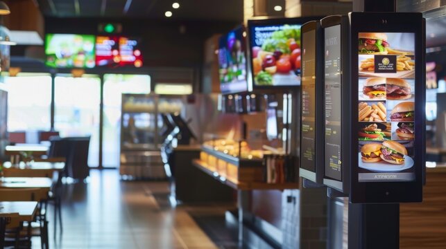 A digital menu board displays images of hamburgers and other food items in a fast-food restaurant.
