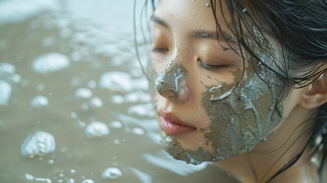 Korean woman mud bath, beautiful face, photo 