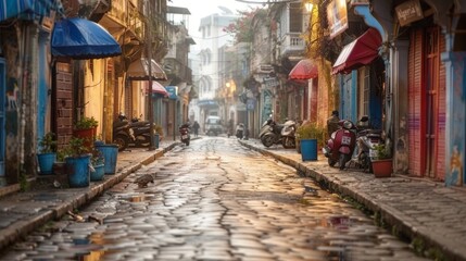 Charming Empty Street in Old Town at Sunrise with Cobblestone Path and Shops