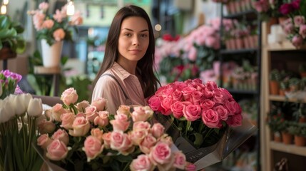 Fototapeta premium A young woman smiles at the camera while holding a bouquet of pink roses in a flower shop.