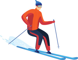 male skier wearing blue beanie, orange jacket, red gloves, black pants, goggles skiing snow, holding ski poles skiing high speed. Background appears be isolated white background. Young man downhill