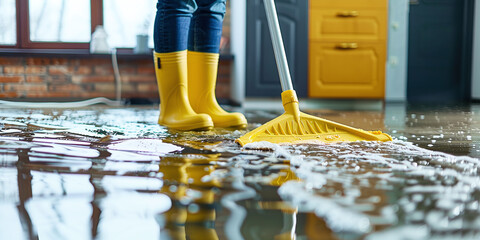 A man in rubber boots washes a flooded floor, paying special attention to cleaning and repairing water damage. Flood response, maintenance and disaster recovery concept