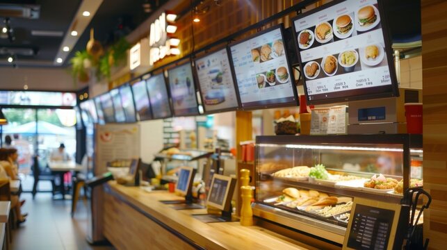 Fast food restaurant counter with digital menu displays for food options. Glass display case with sandwiches, fries, chicken. Salt and pepper shakers too.