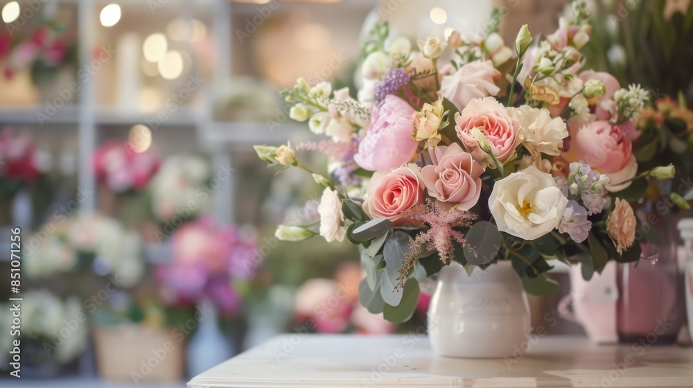 Poster a close-up of a pink and white flower bouquet in a white vase on a table. the background is a blurre