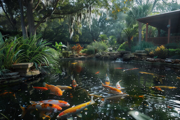 Colorful koi fish glide gracefully through a serene garden pond, surrounded by lush greenery and creating a tranquil aquatic paradise