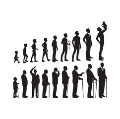Human in different ages. Silhouette profile of male and female person growth stages, people generations from baby to old vector illustration set. Man and woman characters in aging process