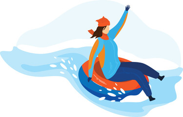 Young woman winter fun sliding snow tube mountain slope isolated white background. Female wearing jacket hat scarf sitting rubber tube waving. Snow activity illustration vector winter landscape