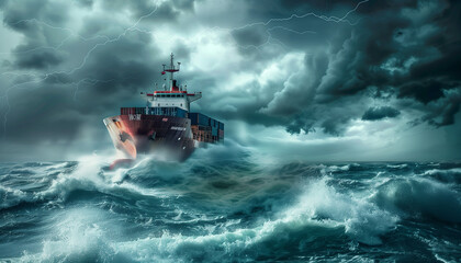A cargo ship battles fierce waves and dark stormy skies, creating a dramatic and intense scene of nature's power at sea