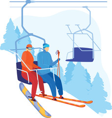 Couple riding ski lift enjoying mountain winter sports snowfall. Man woman ski gear snowboarding skiing relaxation nature holiday. Skiers snowboarder cable car forest active lifestyle illustration