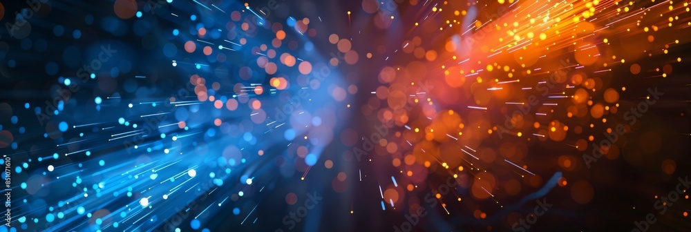 Wall mural background of blue and orange light beams with sparks, representing the concept of artificial intell
