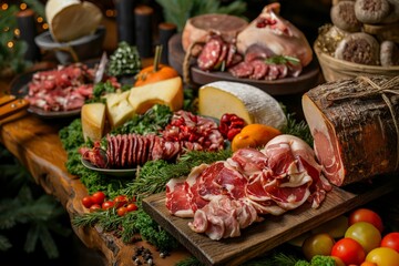 Obraz premium Artfully arranged charcuterie board with a selection of meats, cheese, and festive greenery for a holiday feast