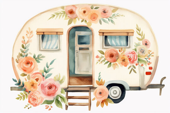 recommend clip art: Watercolor illustration of a floral decorated camper