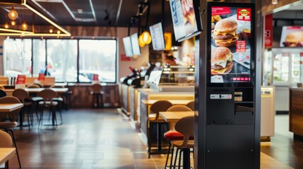 A modern fast food restaurant with a self-service kiosk displaying a menu of burgers, and a dining area with tables and chairs.