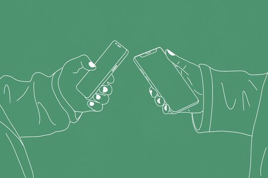 Minimalistic illustration of two hands holding smartphones