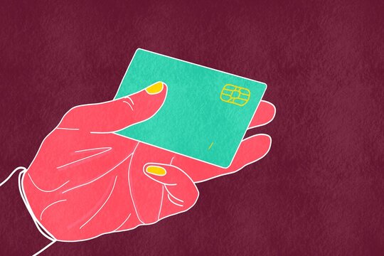 Illustration of a hand holding a credit card on a textured background