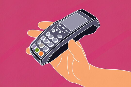 Illustration of a hand holding a modern payment terminal