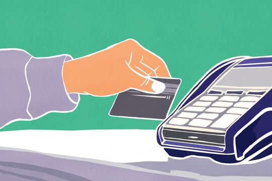 Illustration of a hand using a credit card at a payment terminal