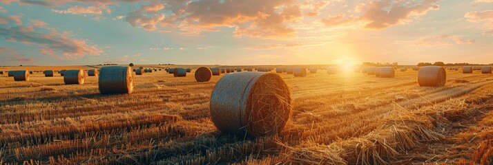 Closeup view of dry crop hay bale in farm land field with golden warm sunlight